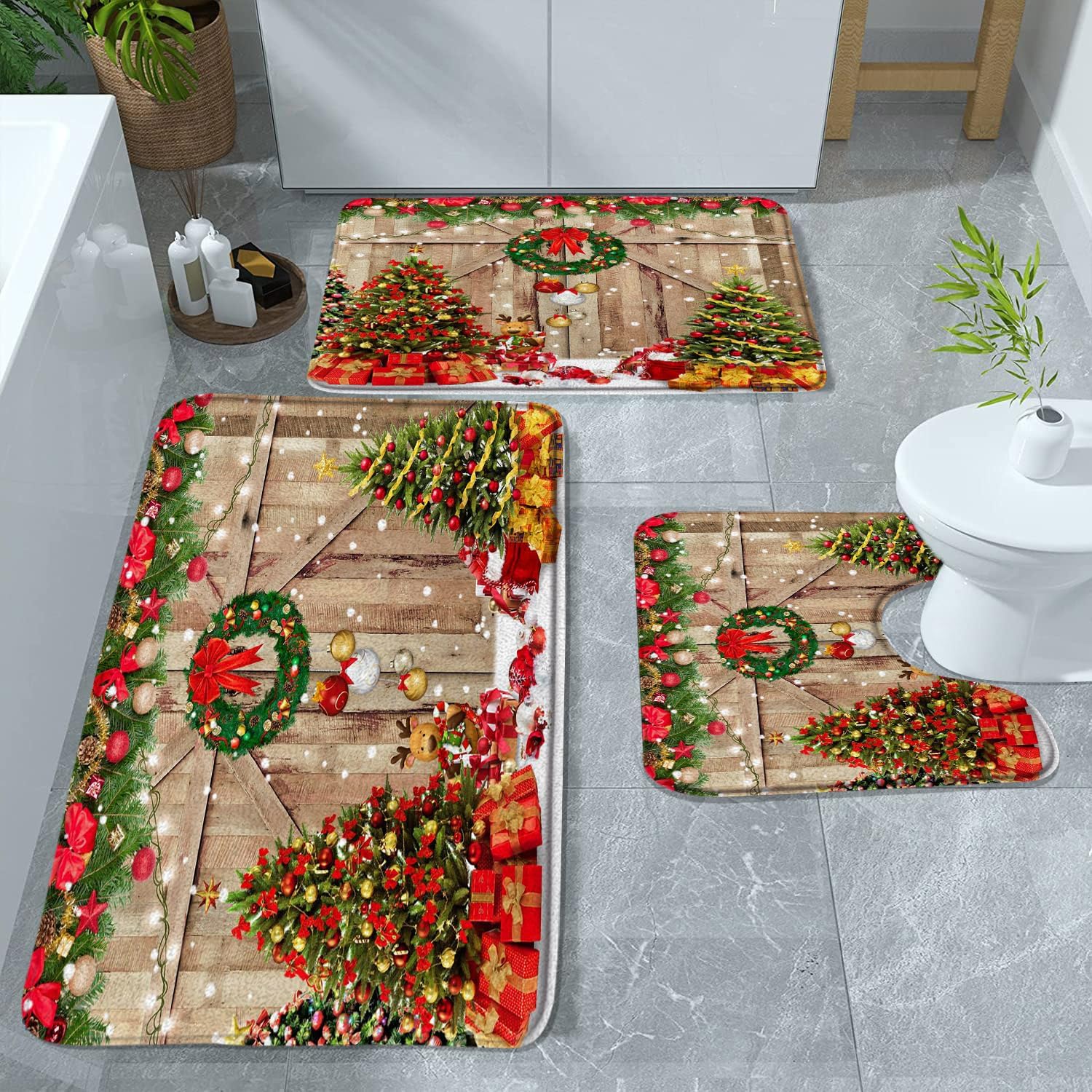 3 Pieces Farmhouse Christmas Bath Mat Set Winter Xmas Tree Bathroom Home Decor Wooden Barn Door Country Vintage Snowflake New Year Holiday Bathroom Rug Toilet Bedroom Laundry Kitchen Mat